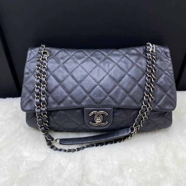 95新 Chanel/香奈儿 CF easy caviar炭灰银荔枝牛单肩斜挎包 16开