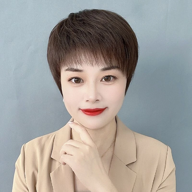 假发女短发直发妈妈真发套短发发型自然中老年女士全头套真人发丝