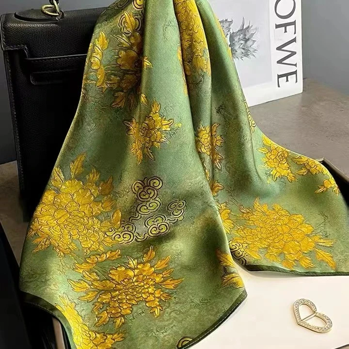 （绿色海棠） 90方巾花朵条纹丝巾围巾
