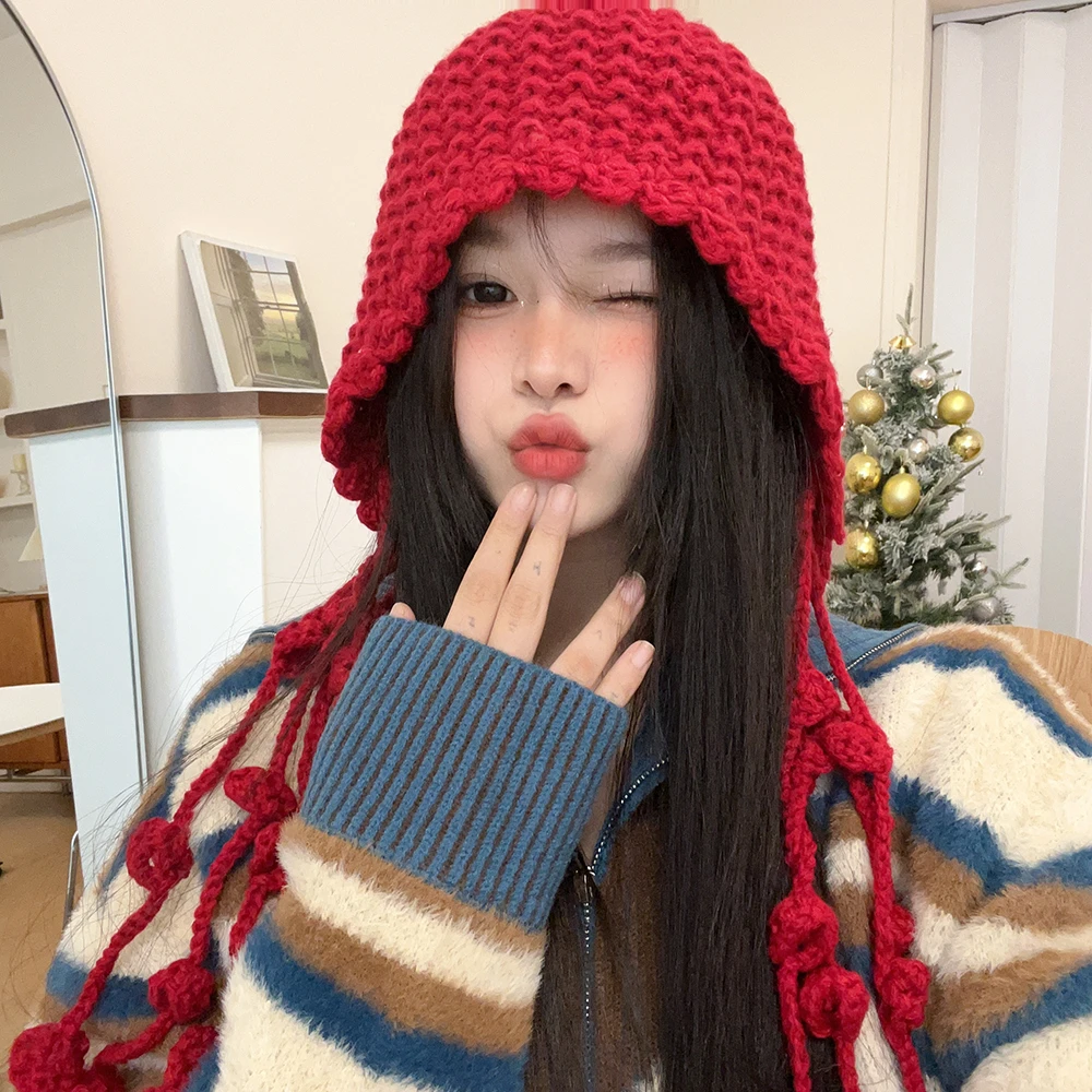 冬天手工时尚球球流苏加厚保暖包头帽女护耳绑带帽针织毛线帽子潮