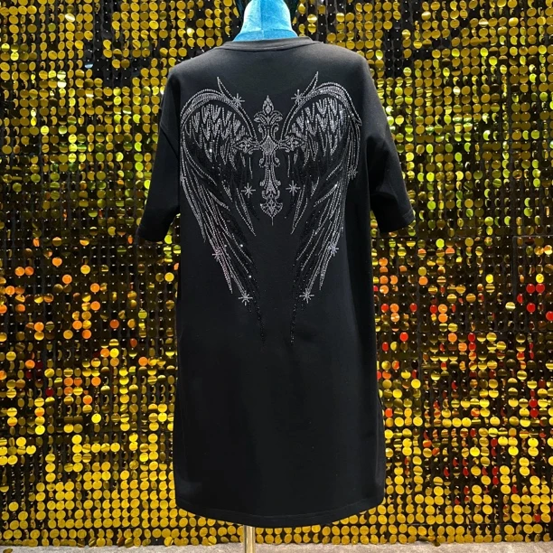 轻奢重工夏季烫钻字母翅膀连衣裙时尚宽松圆领百搭个性休闲显瘦