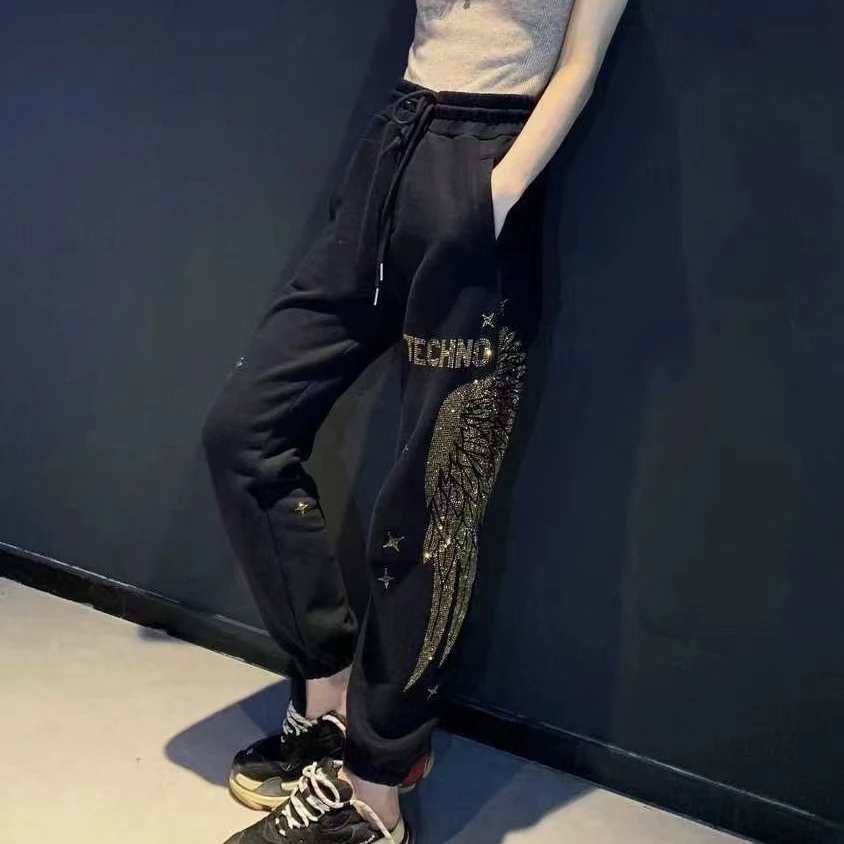 轻奢烫钻经典双翅膀男女同款卫裤休闲裤百搭