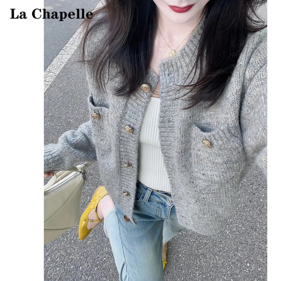 拉夏贝尔韩系灰色毛衣外套女2024春秋季小个子短款针织开衫上衣