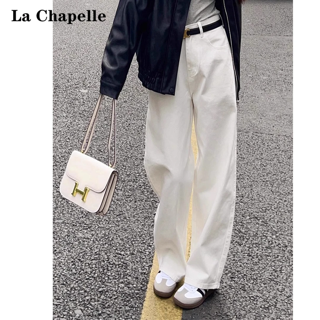 拉夏贝尔白色高腰直筒牛仔裤女春秋2025新品宽松显瘦阔腿拖地长裤