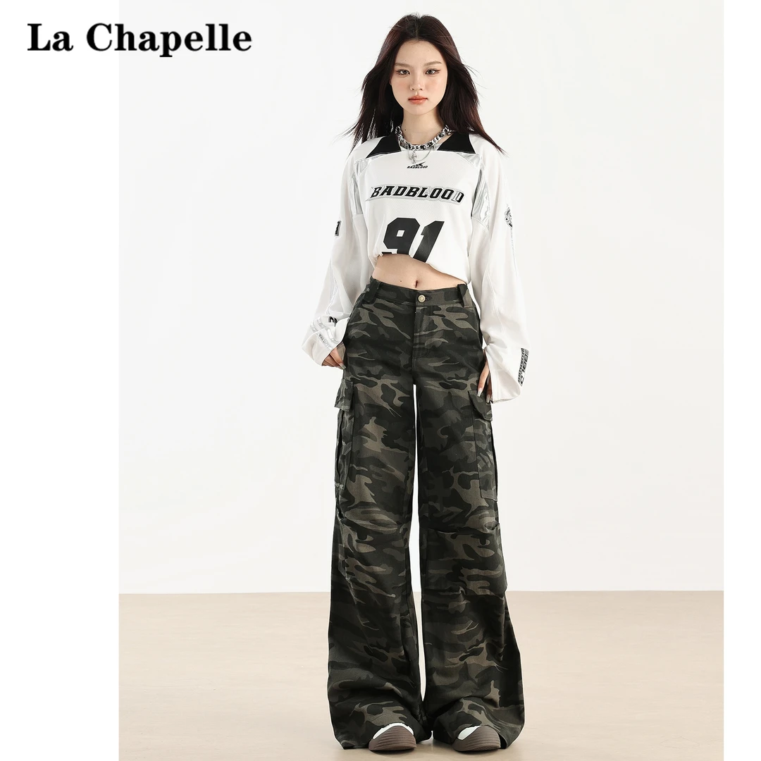 拉夏贝尔辣妹高街迷彩工装裤女2024新款高腰阔腿宽松拖地牛仔裤子