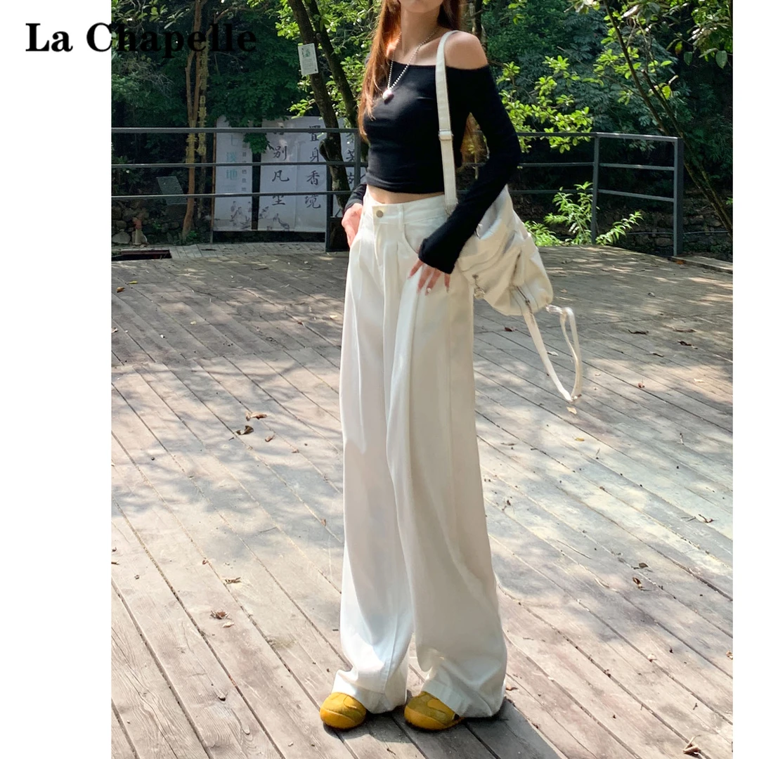 拉夏贝尔白色阔腿牛仔裤女2024秋季新款复古高腰宽松垂感拖地裤子