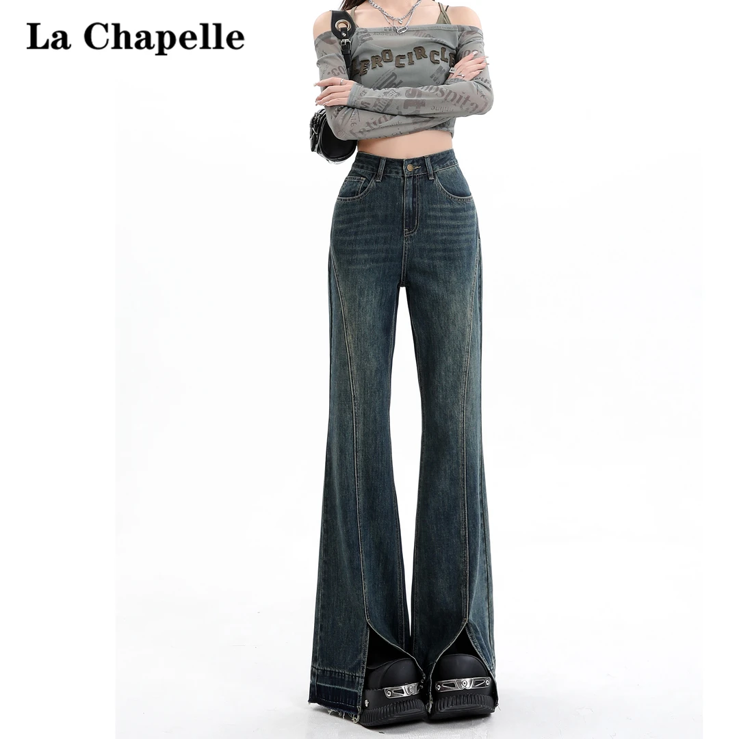 拉夏贝尔美式复古高腰微喇牛仔裤女2024夏季高街宽松开叉马蹄裤子