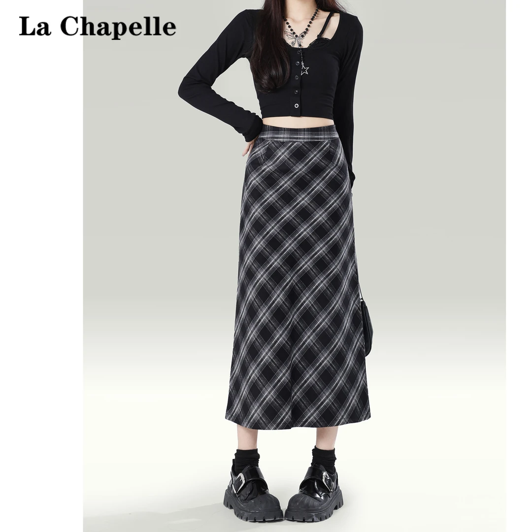拉夏贝尔和黑色格子半身裙女2024早秋新款高腰显瘦a字直筒中长裙