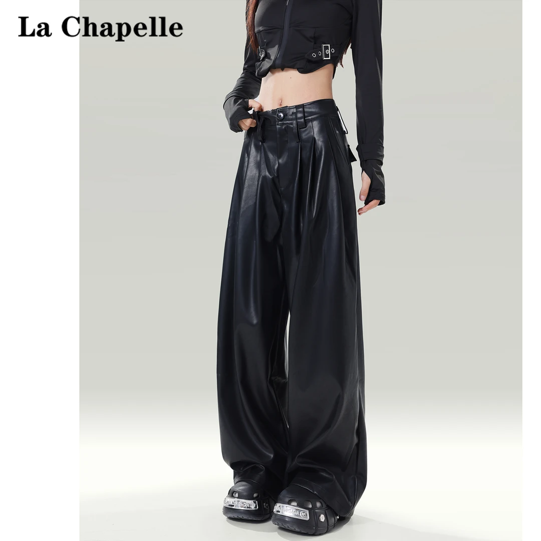 拉夏贝尔黑色小众阔腿皮裤女2025春秋季新款设计感直筒休闲拖地裤