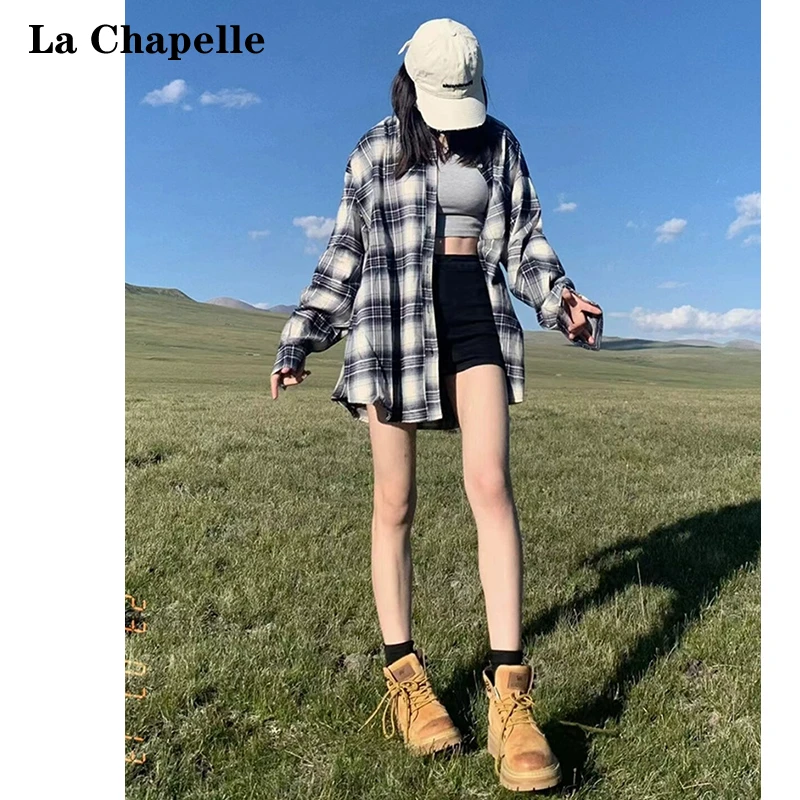 拉夏贝尔韩版格子衬衫女2024夏季休闲百搭长袖衬衣宽松防晒外套