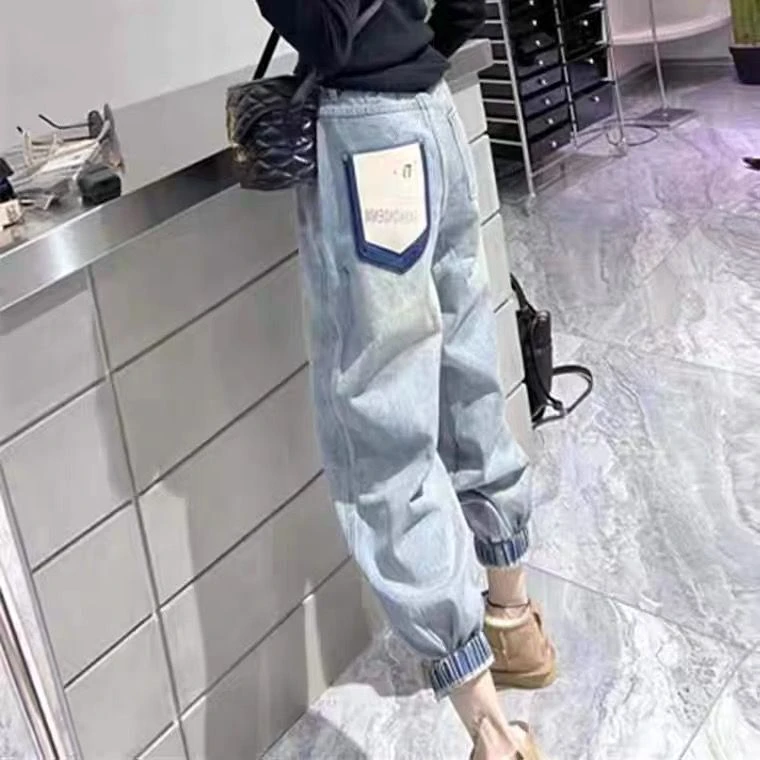 秋冬季宽松休闲浅色抓毛牛仔裤女口袋束脚梨型显瘦老爹夸裤3001