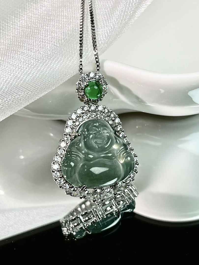 高冰种缅甸A货翡翠佛公气质轻奢镶嵌