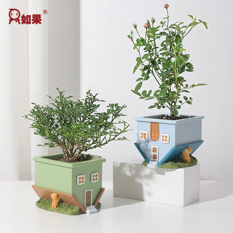 ROOGO/如果小房子造型多肉花盆创意个性盆栽挂架卡通树脂客厅装饰