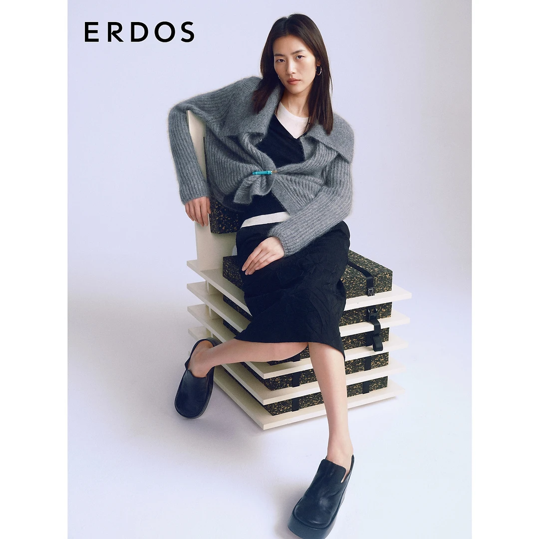 刘雯同款 ERDOS 灰色翻领针织衫女秋冬马海毛混纺厚款开衫