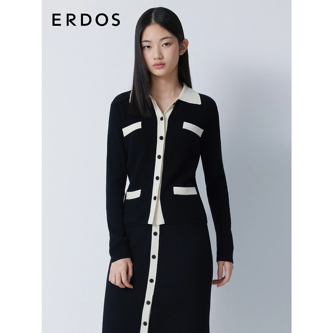 ERDOS 优雅小香针织开衫纯羊绒POLO领老钱风拼接外套