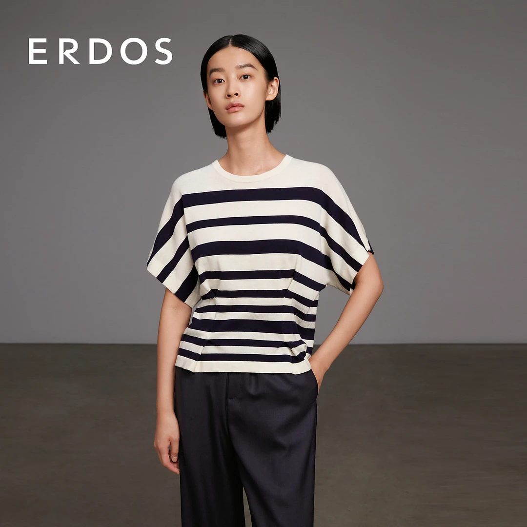 ERDOS圆领条纹五分袖T恤纯棉落肩袖捏褶设计针织短袖