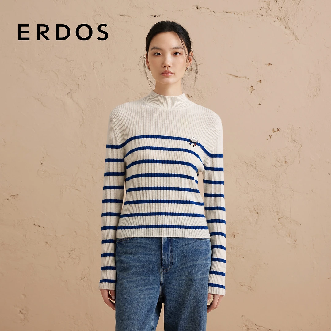 【纯羊绒】ERDOS 半高领抽条针织衫条纹修身内搭套衫