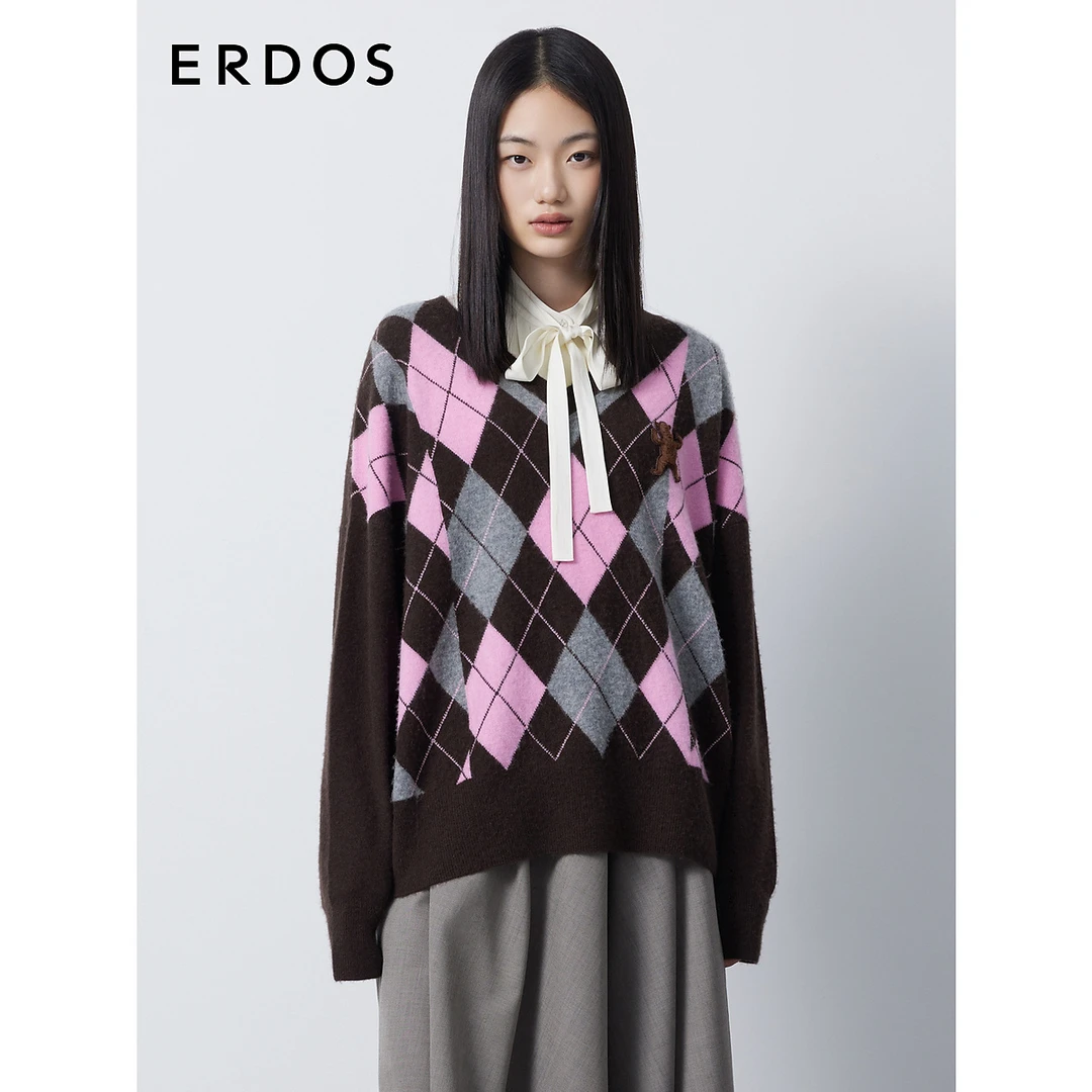 ERDOS V领学院风羊绒衫女秋冬复古菱形格纹提花宽松针织衫