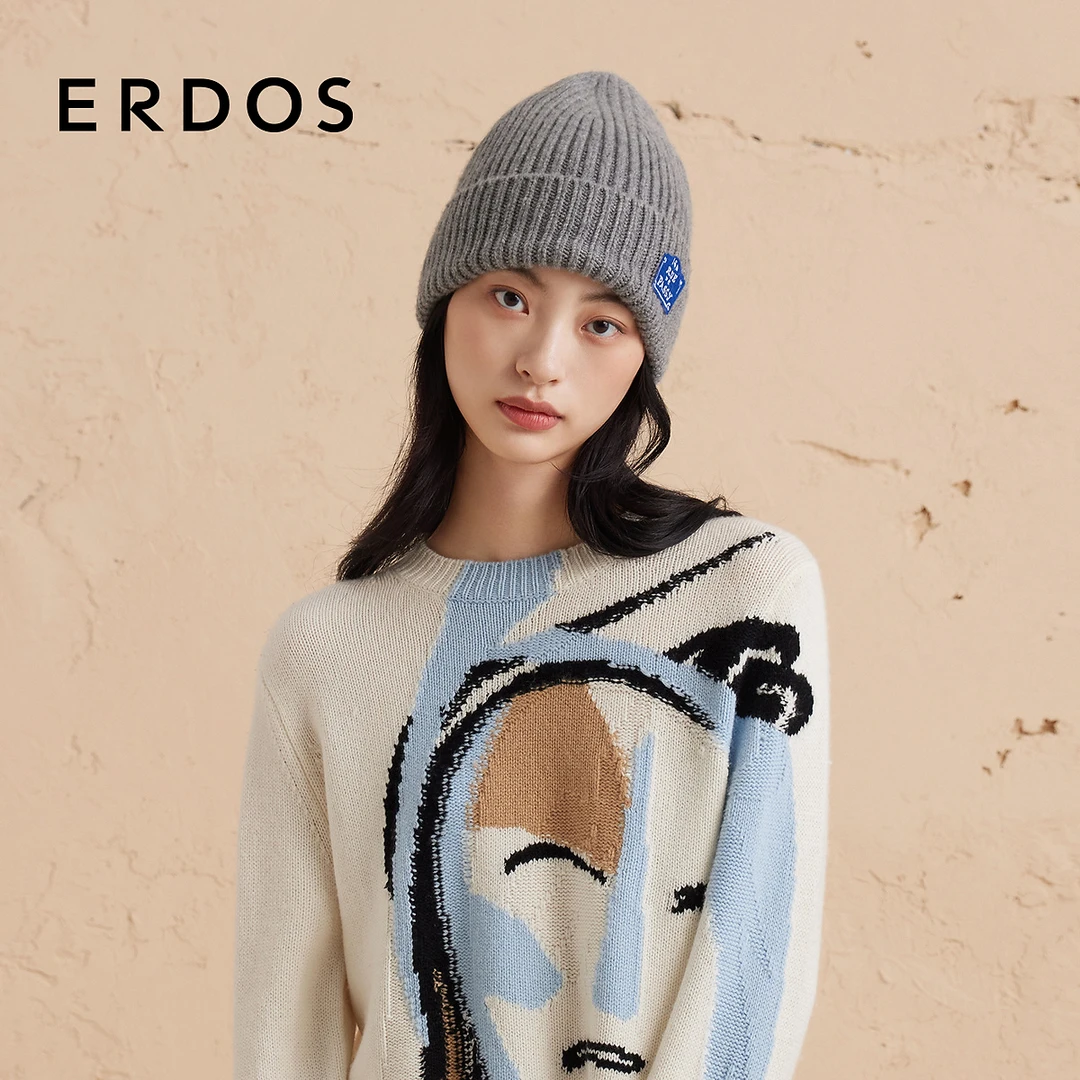 【纯羊绒】ERDOS 贴画装饰针织帽休闲抽条毛线冷帽