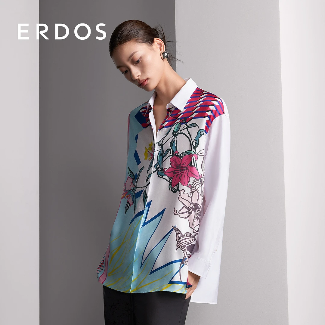 ERDOS 双面定位印花衬衫纯棉白色时尚宽松长袖衬衣