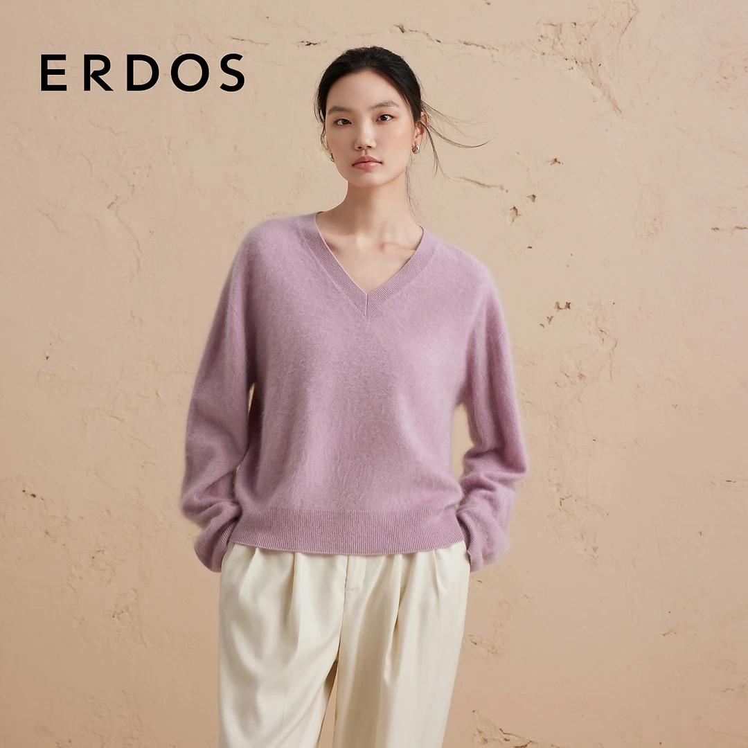 【拉绒】ERDOS V领纯羊绒针织毛衣紫色厚款宽松套衫