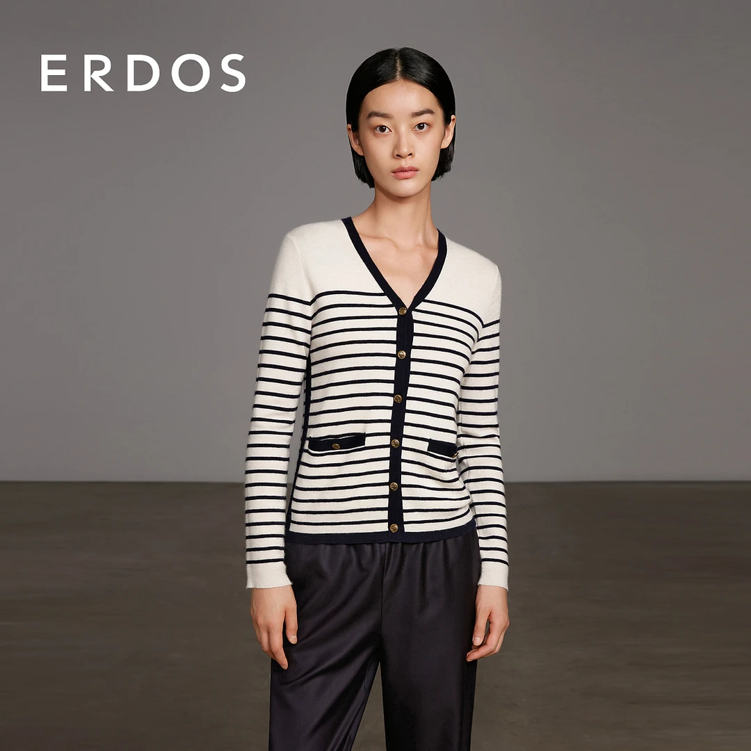 ERDOS 丝绒精纺混纺四平针织法式海魂条纹V领宽松开衫【巴黎孩】