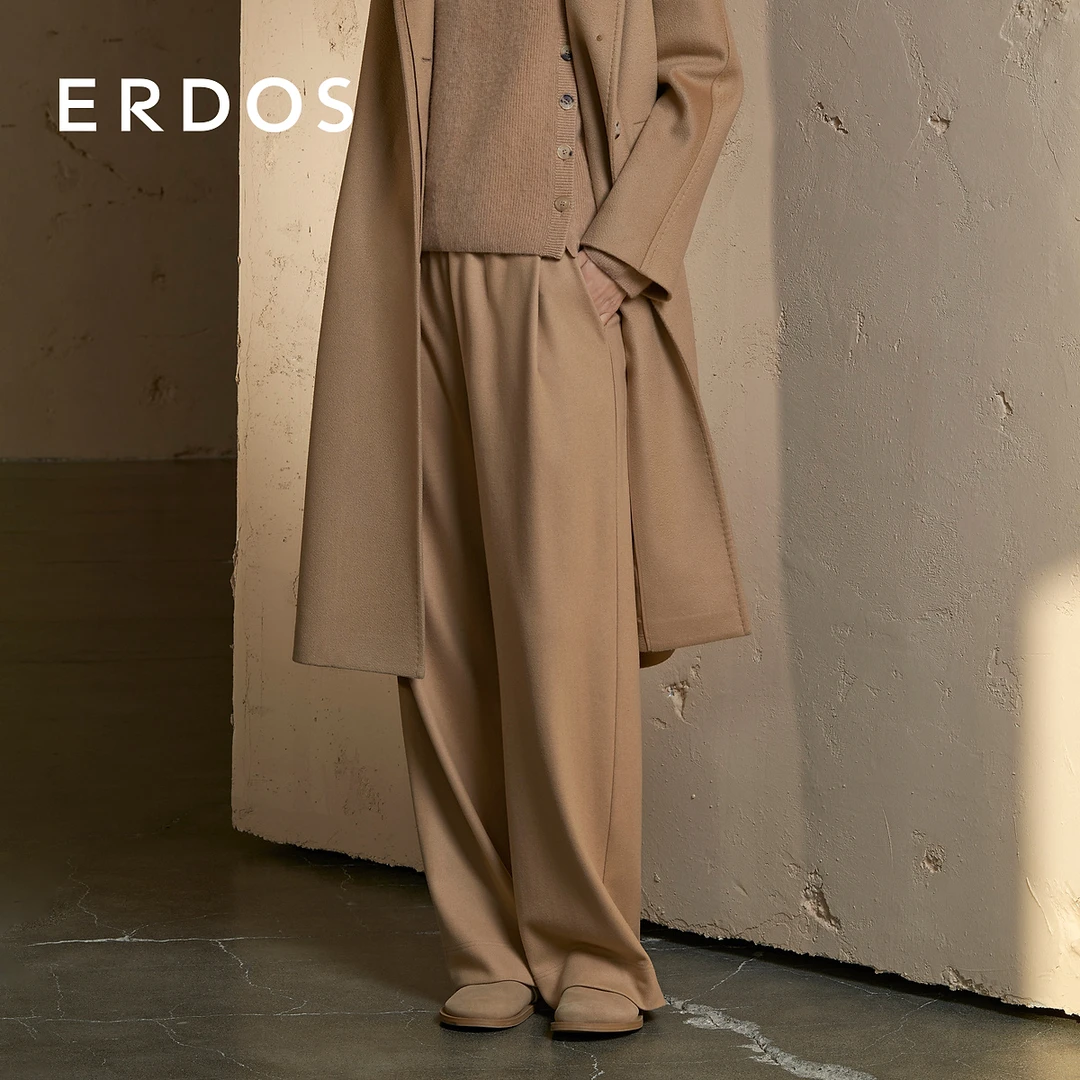 ERDOS 羊绒羊毛混纺圆机长裤款新款驼色阔腿裤修饰腿型