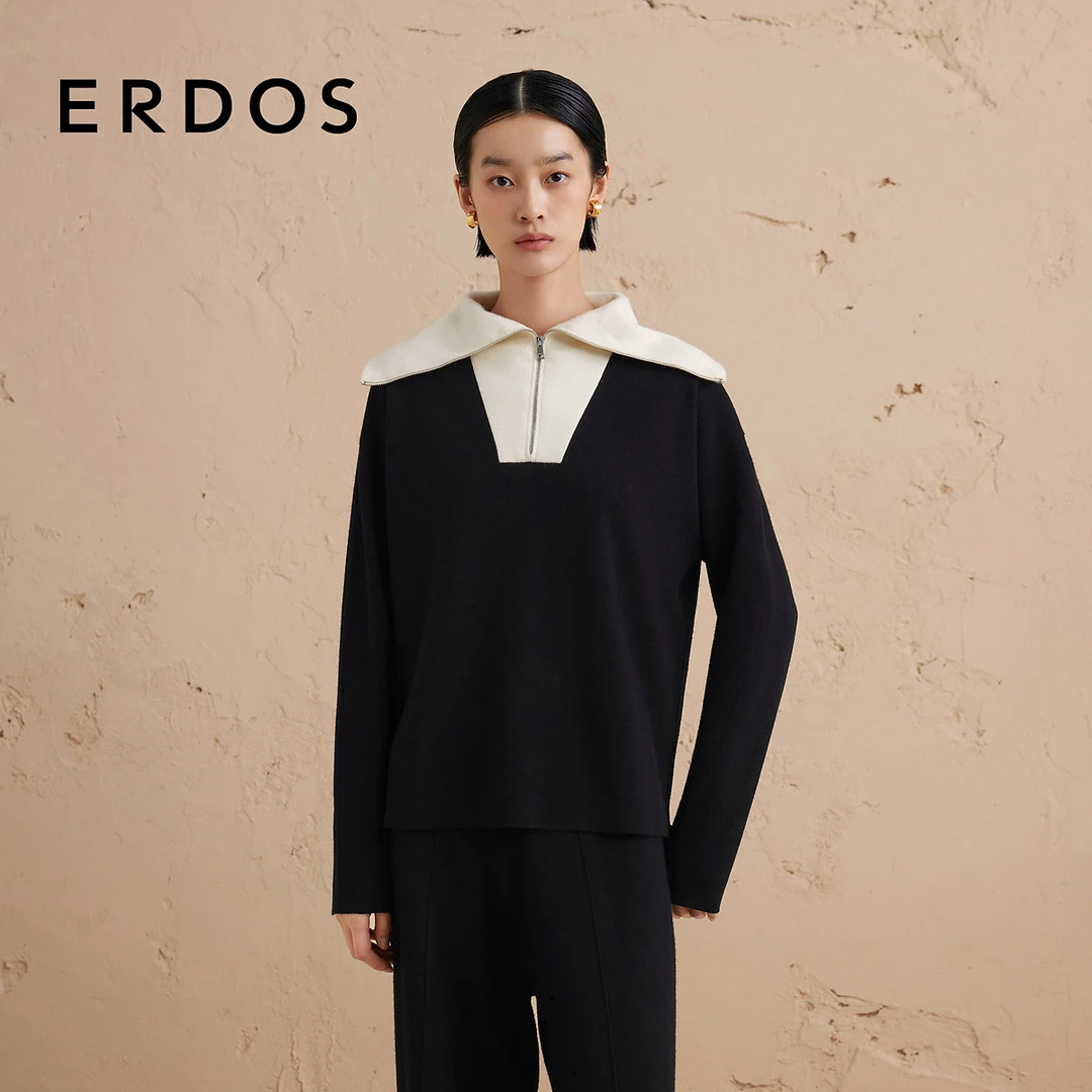【精纺】ERDOS 撞色翻领针织衫绒毛混纺厚款宽松休闲