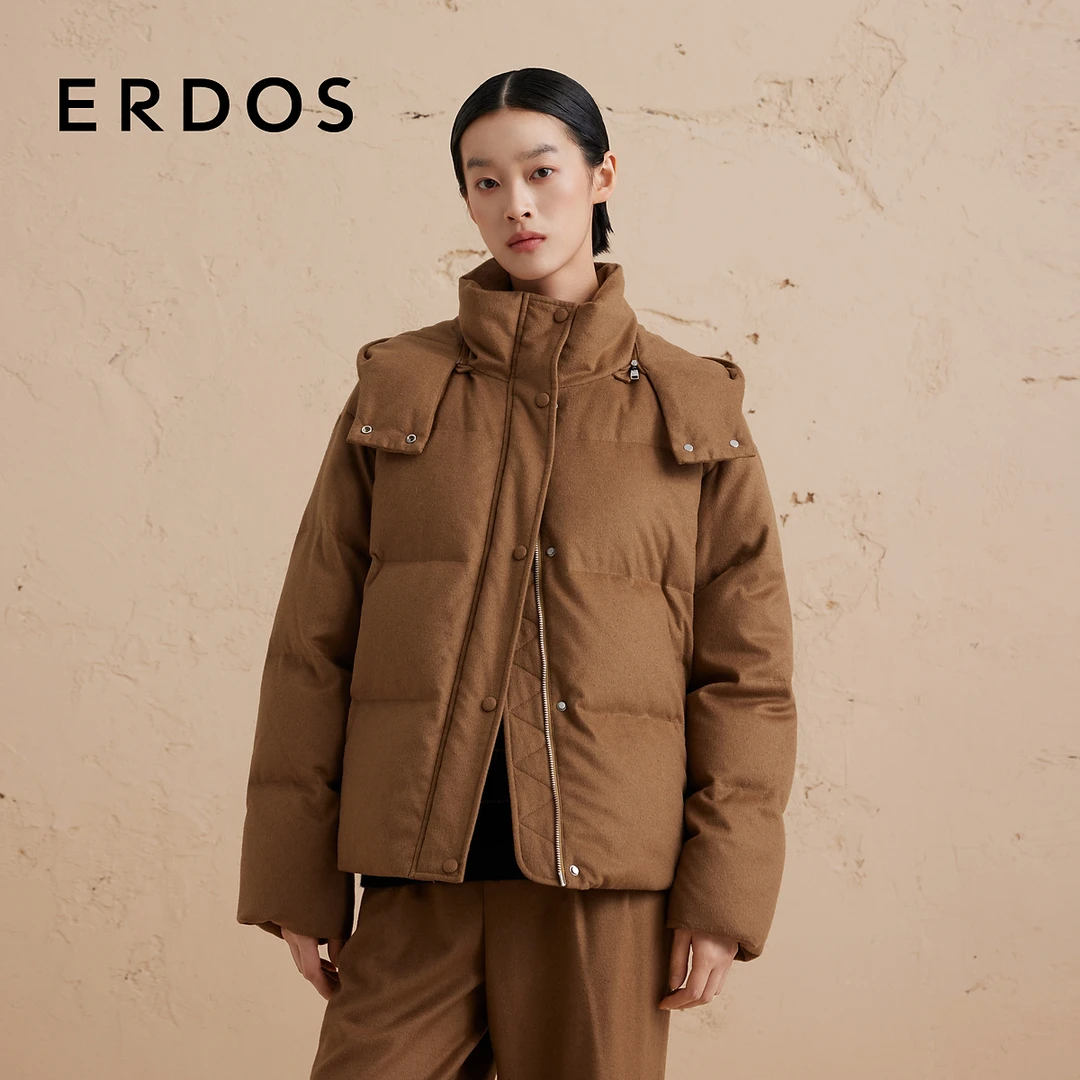 ERDOS 羊绒针织短款羽绒服鹅绒高立领底边抽绳雅丹风