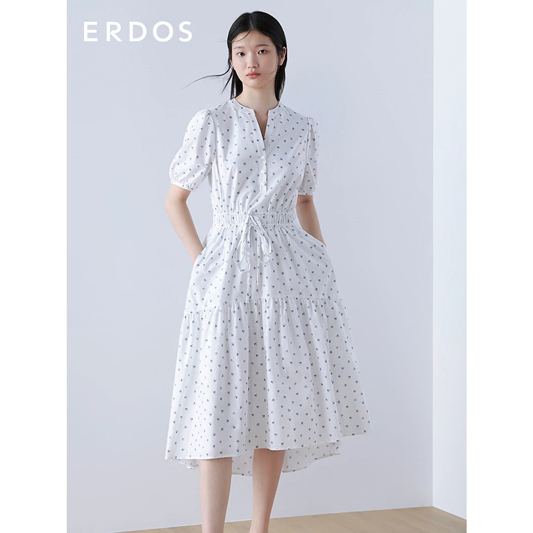 ERDOS Liberty小雏菊白色连衣裙女泡泡短袖度假风裙装气质百搭