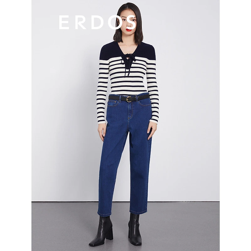 ERDOS纯羊绒针织衫女通勤V领绑带设计条纹修身显瘦上衣时尚休闲