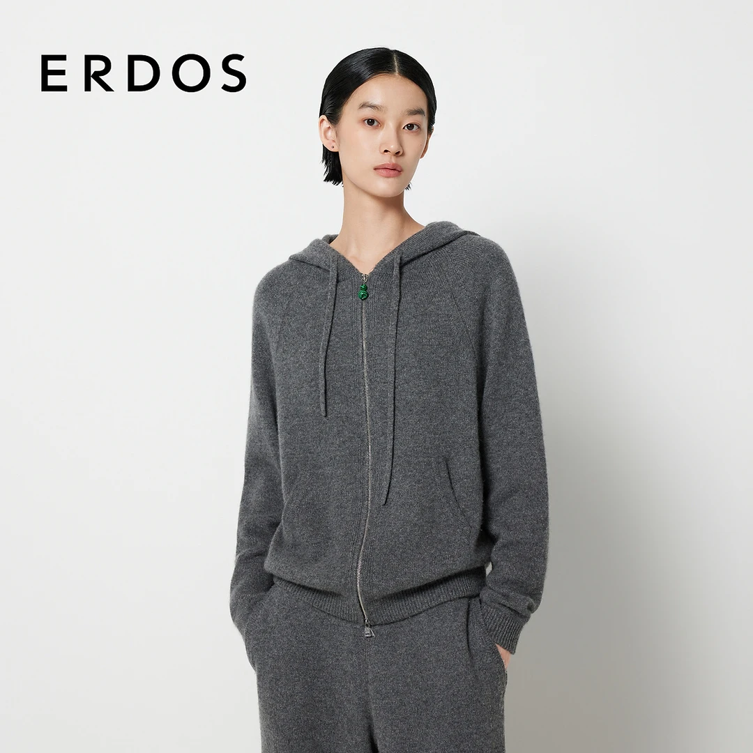 ERDOS 连帽卫衣版针织开衫女秋款冬新品纯羊绒拉链宽松厚款外套