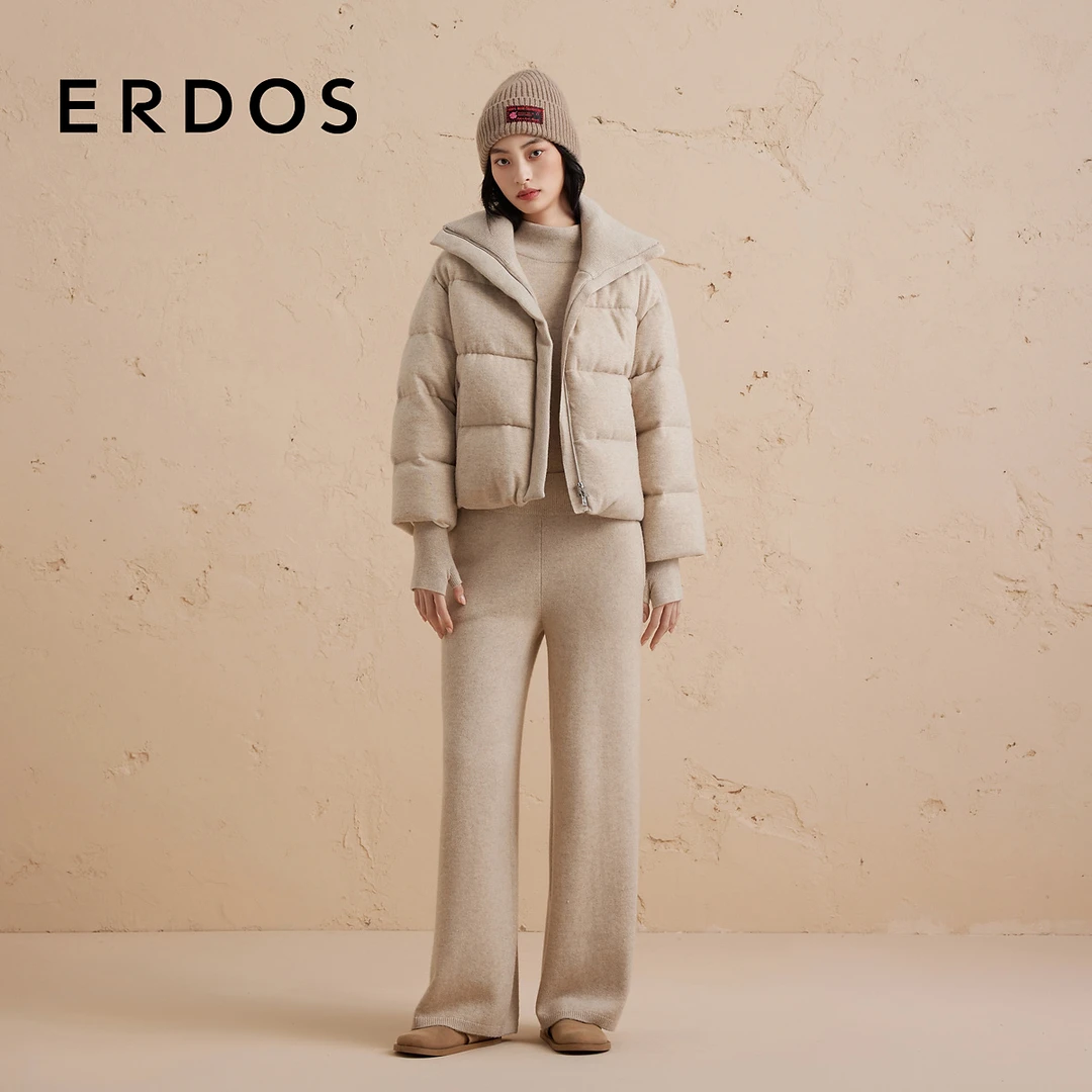 【无染色羊绒针织羽绒服】ERDOS 高立领短款面包服外套