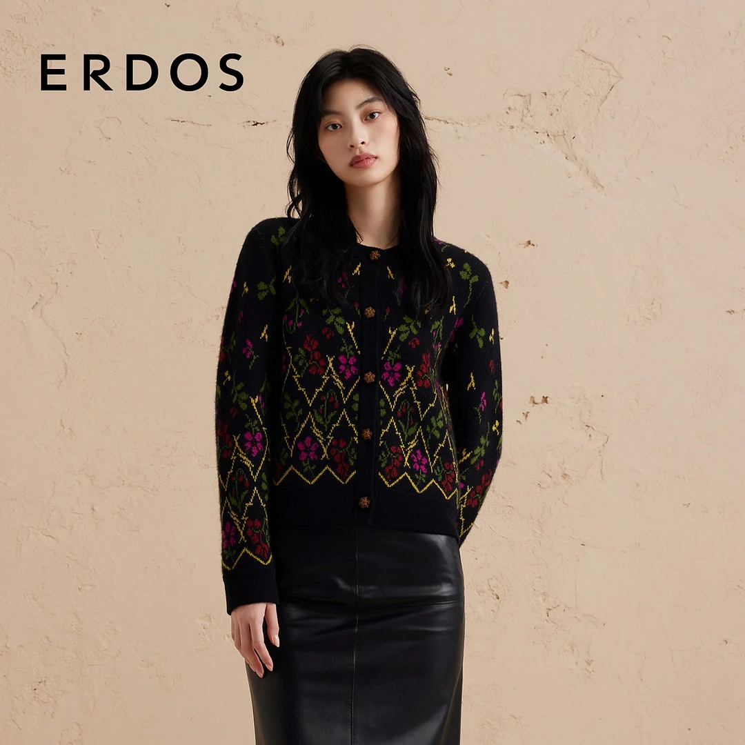 【复古繁花羊绒开衫】ERDOS 圆领双提提花宽松针织开衫毛衣