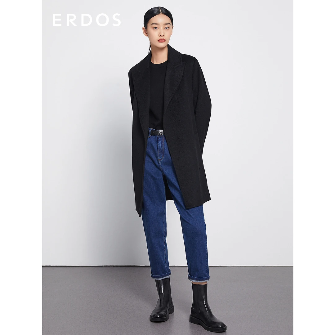 【纯羊绒大衣】ERDOS 秋冬西装领围裹系带水波纹毛呢外套女