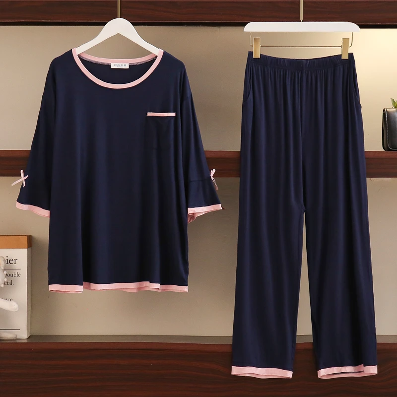 新款大码夏季国风睡衣女200斤春秋季加肥加大莫代尔胖mm家居服