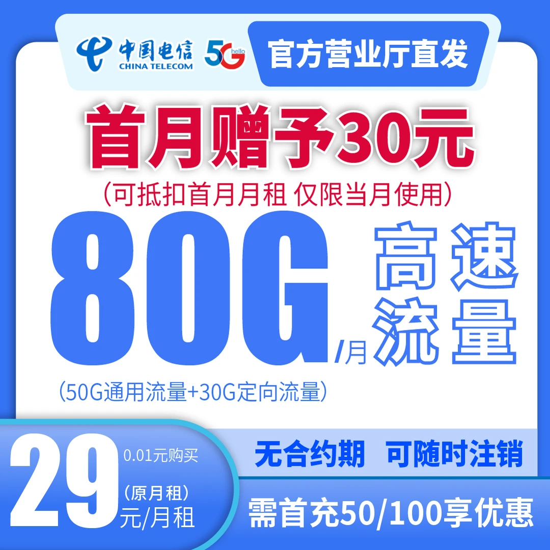 【全国可发】中国电信线上授权直发高速流量5g号卡