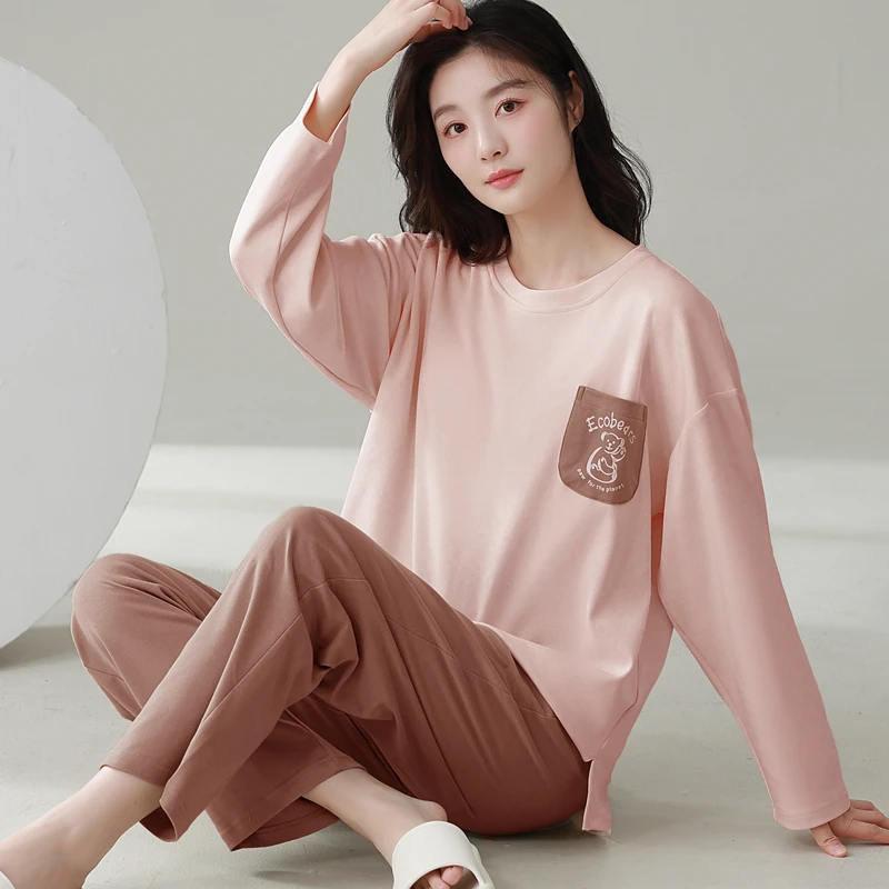 【带胸垫】睡衣女春秋纯棉长袖长裤网红薄款100%全棉女款家居服套装