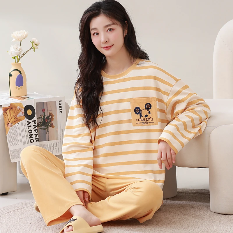 【带胸垫】新款睡衣女春秋纯棉休闲长袖薄款透气舒适家居服全棉套装