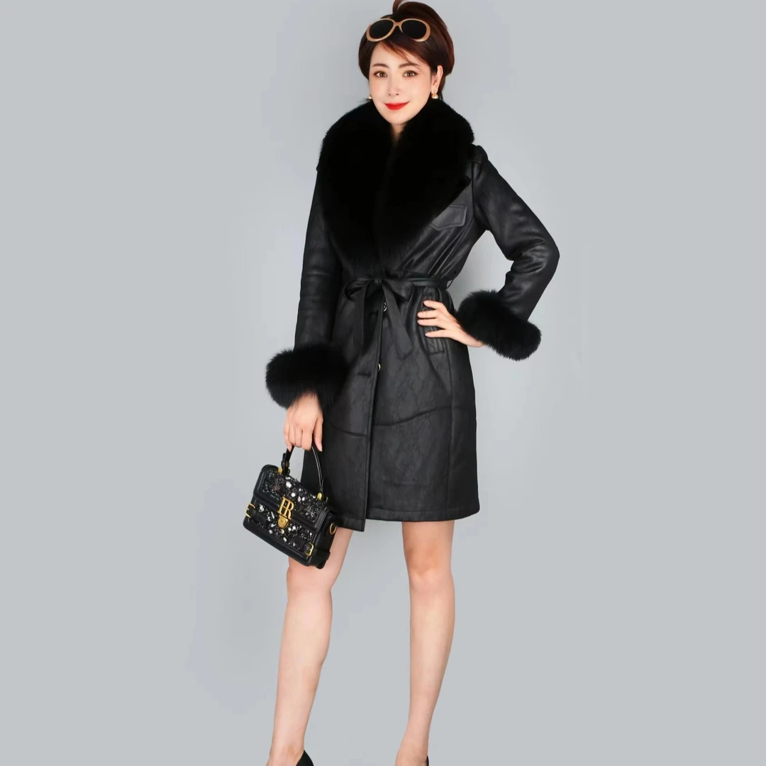 ALFAPSRF/歐芭妃522时尚皮毛一体狐狸毛领中长款女士大衣外套