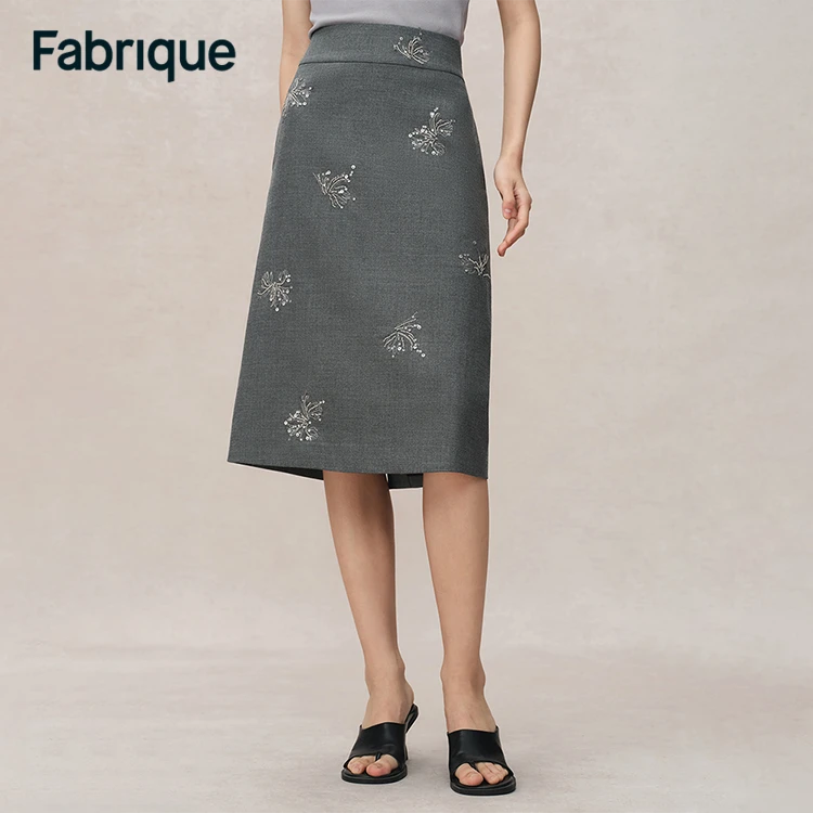 Fabrique Beading 秋冬新款烟花钉珠精纺绵羊毛设计感高腰A字半裙