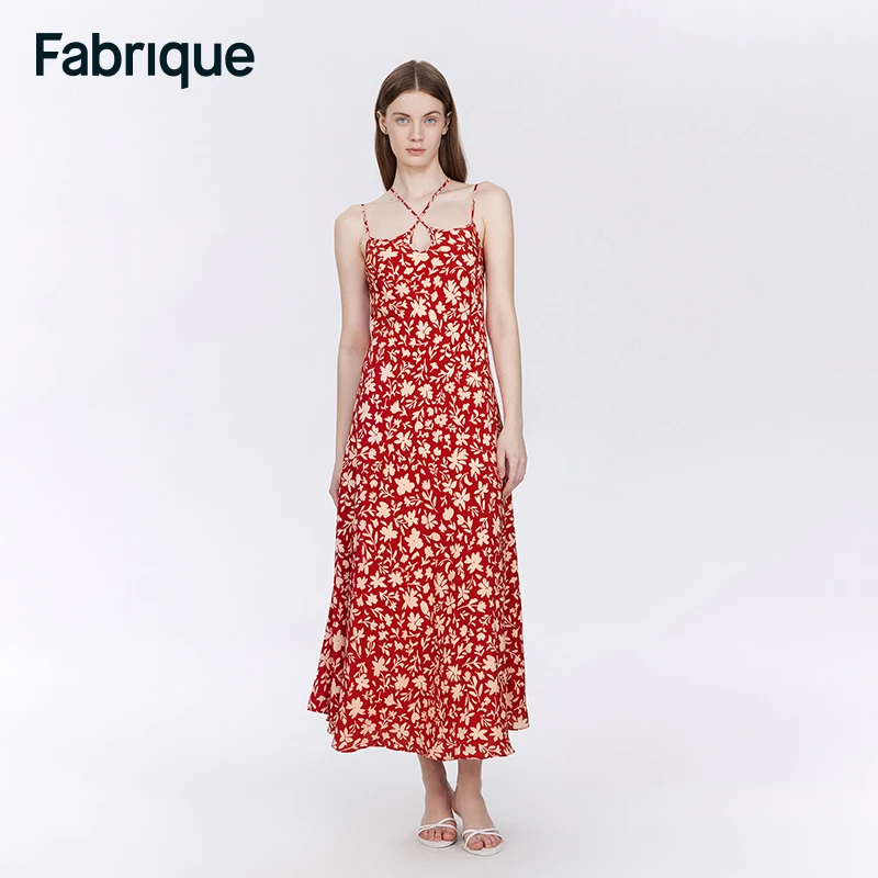 Fabrique剪影碎花pay姐美少女壮士同款交叉抽绳连衣裙桑蚕丝混纺