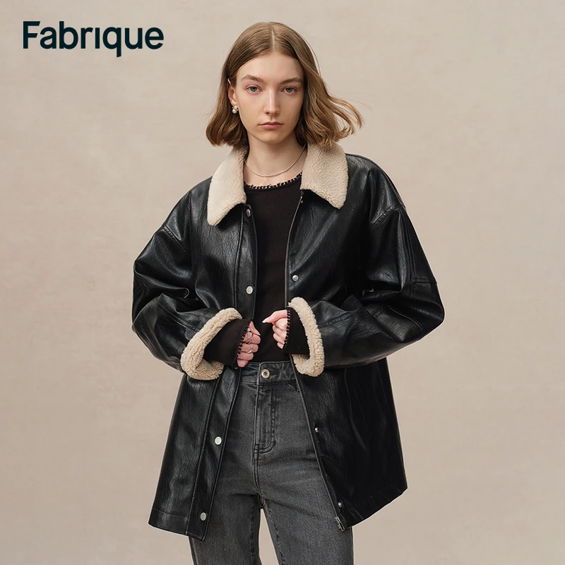 Fabrique Courtney 秋冬新款毛领拼接做旧环保廓形皮夹克棉服