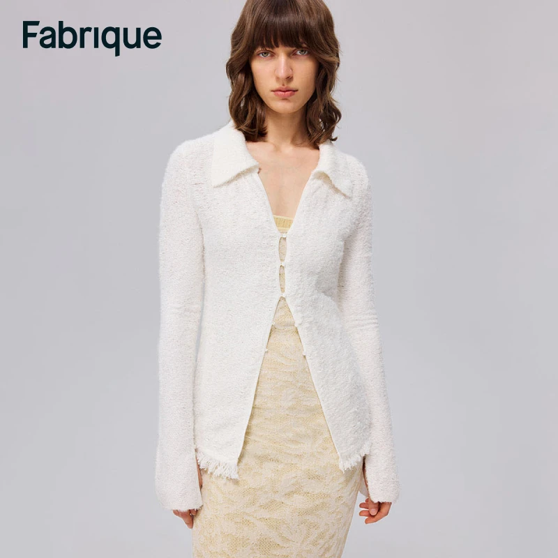 Fabrique Dahlia 秋冬云白羽毛纱修身收腰流苏毛边翻领针织开衫