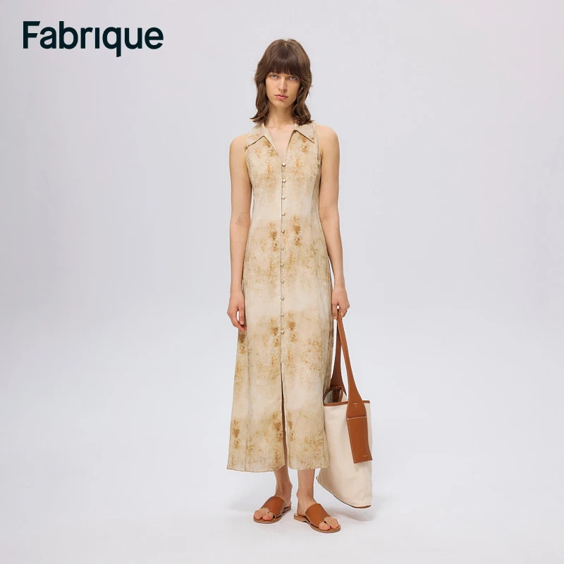 Fabrique一衣多穿无袖衬衫领泼墨印花铜氨丝连衣裙24夏季新款长裙