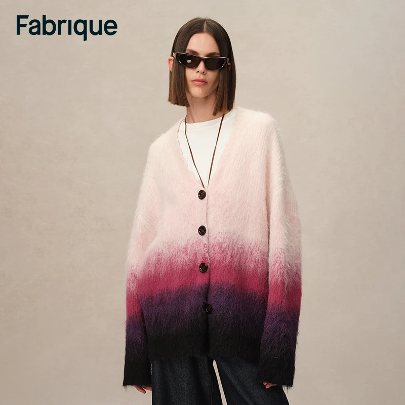 Fabrique【王艳同款】秋冬新款浆果紫渐变羊驼毛宽松大廓形针织开衫