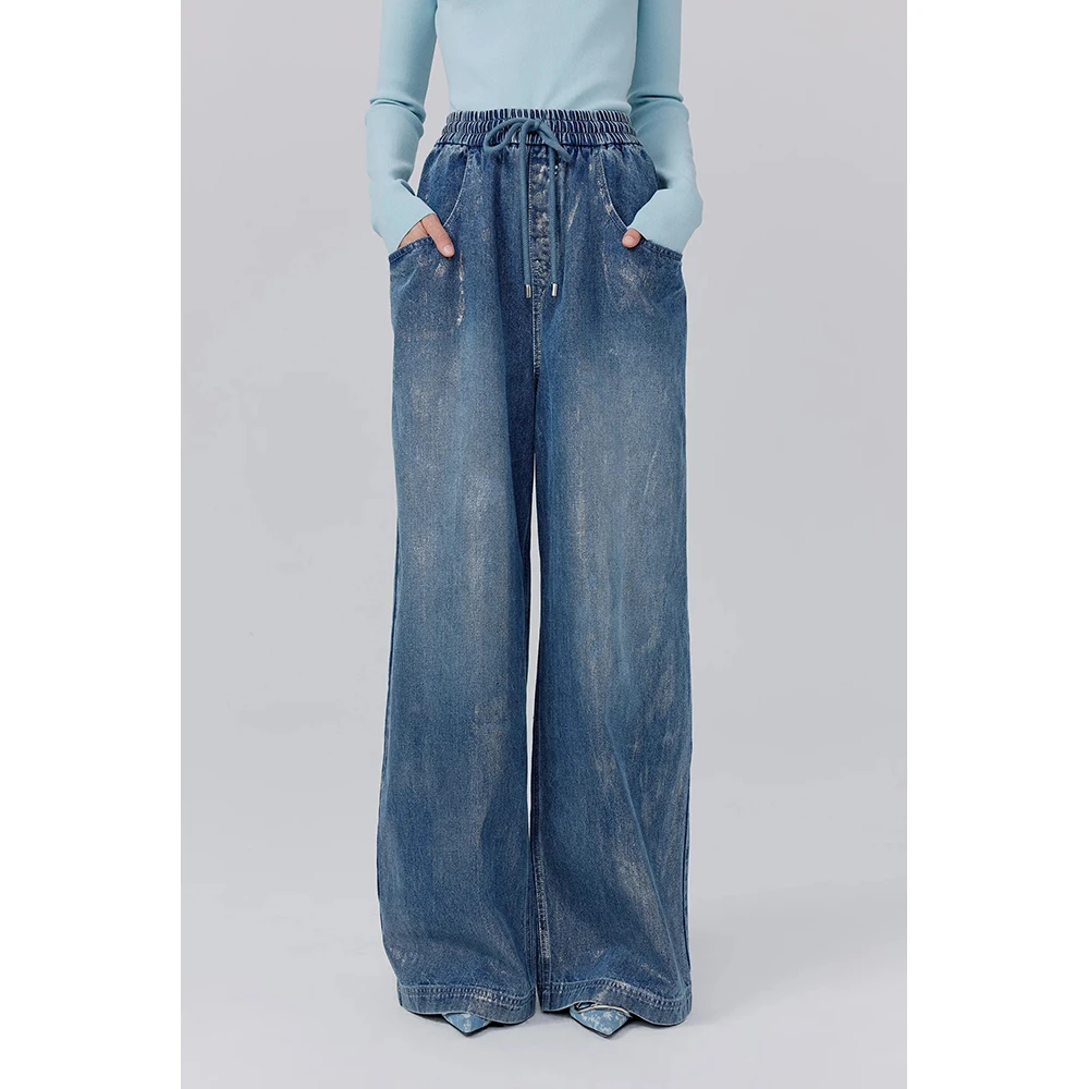 Fabrique百搭显瘦阔腿裤时尚高腰宽松长裤烫银抽绳腰头阔腿牛仔裤