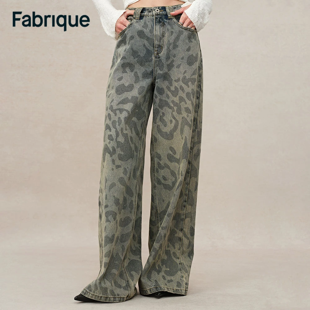 Fabrique Leopix 秋冬新款豹纹印花纯棉水洗做旧高腰阔腿牛仔裤