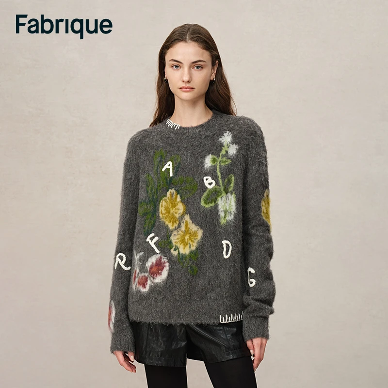 Fabrique Cyclamen 秋冬新款夜花园羊驼毛手工刺绣字母圆领毛衣