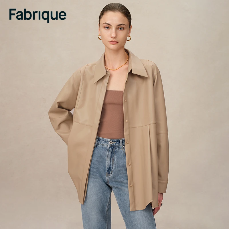 Fabrique Zirka 秋冬新款浅米色环保蛋白皮宽松休闲女大廓形衬衫